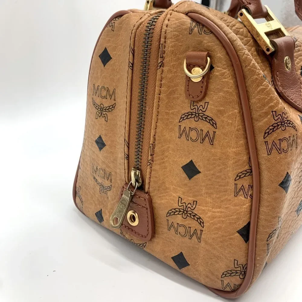 Auth MCM Visetos Cognac Brown Coated Canvas Leather Boston Tote Handbag Preloved